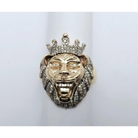 Unique 10K Solid Yellow Gold Designer Crown Lion Head Diamond Ring - Size 11.50 - Picture 5 of 15